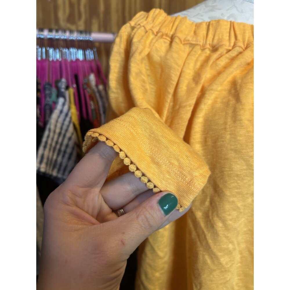 Chico's Orange Tropical 100% Linen Top Cold Shoulder Knit Stretch Sz 1 (M) - Picture 4 of 9
